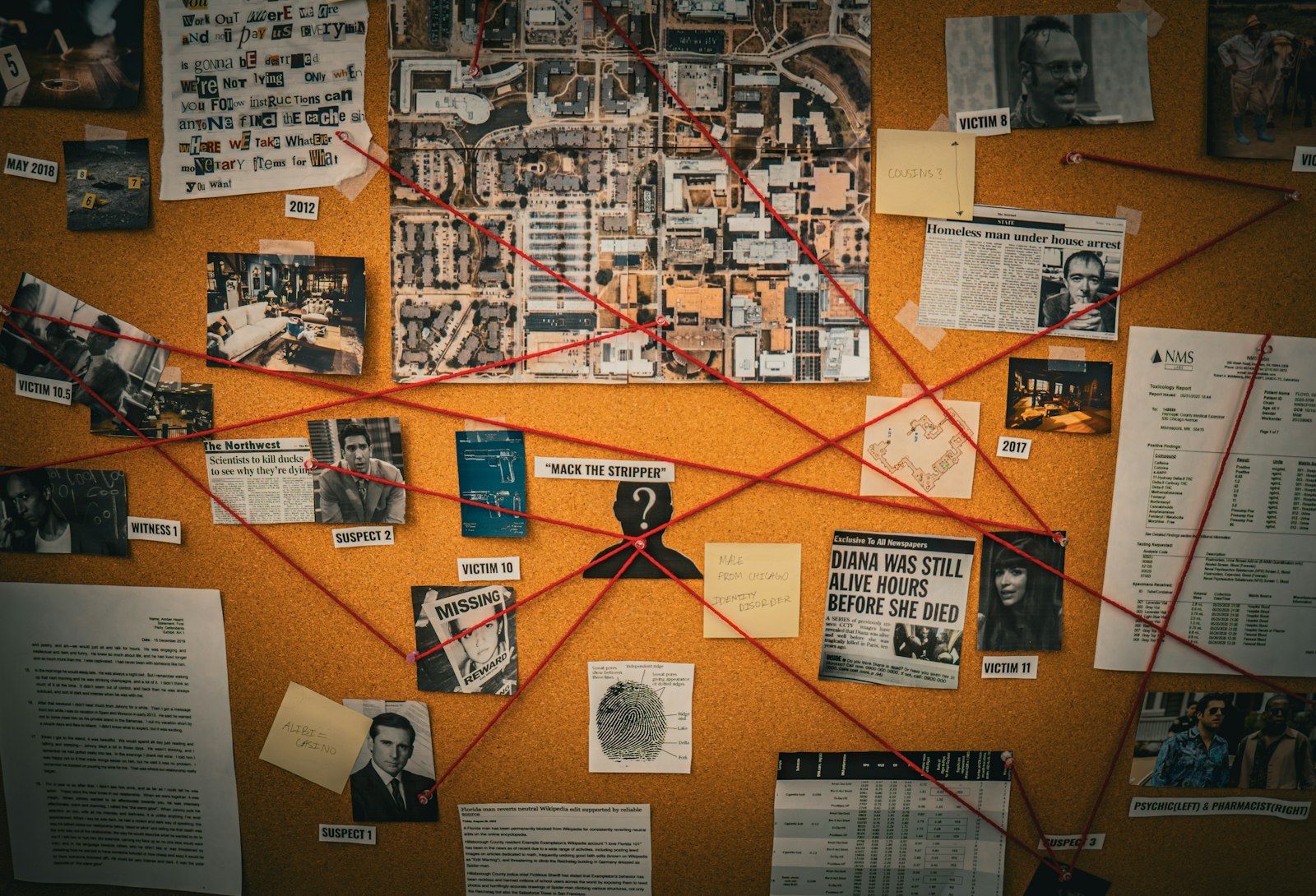 Board with photos and notes connected by string