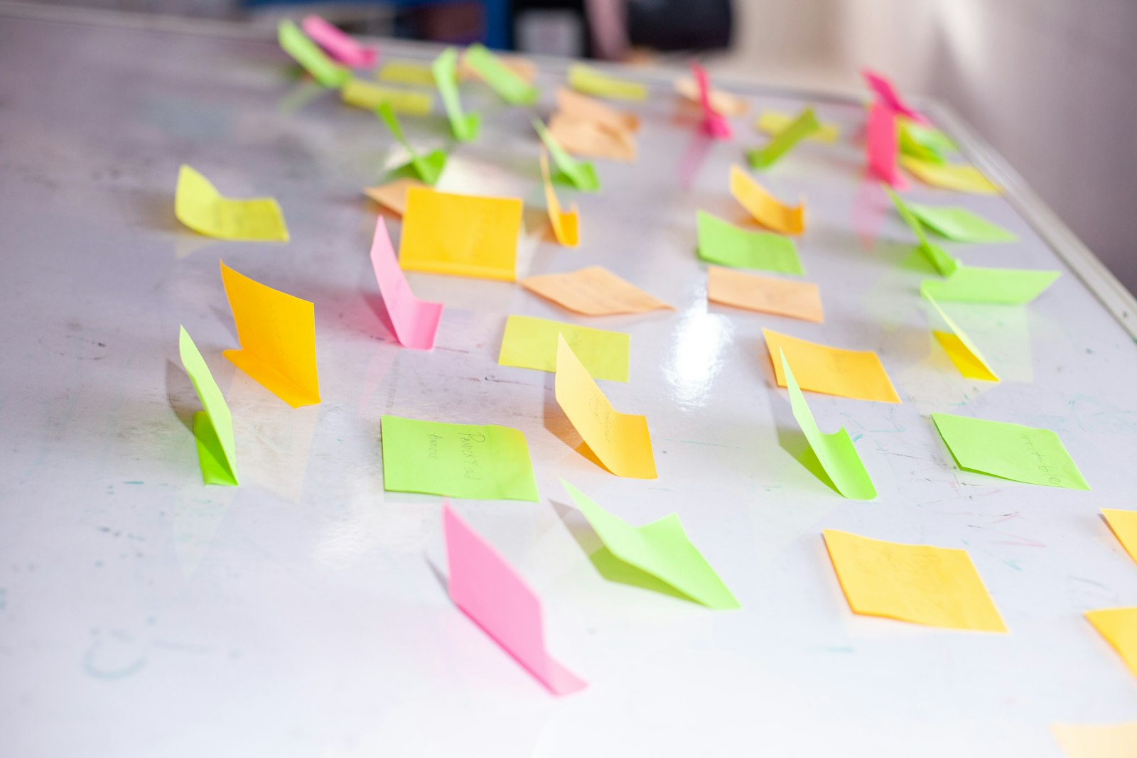 Colourful sticky notes arranged on a whiteboard